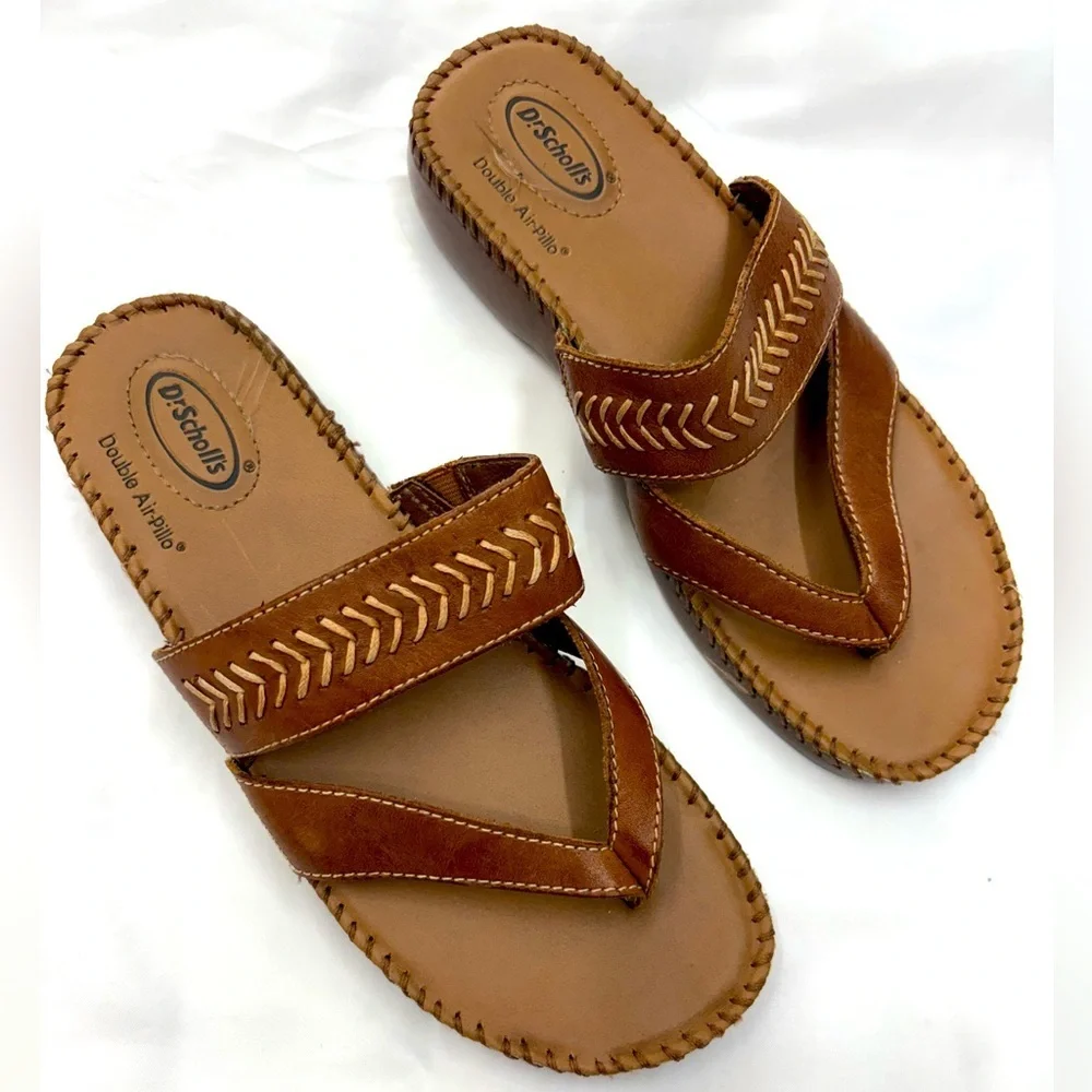 Dr. Scholl's Air Pillo Thong Leather Sandals Womens Flip Flops Wedge Shoes Sz 8 - Picture 1 of 12